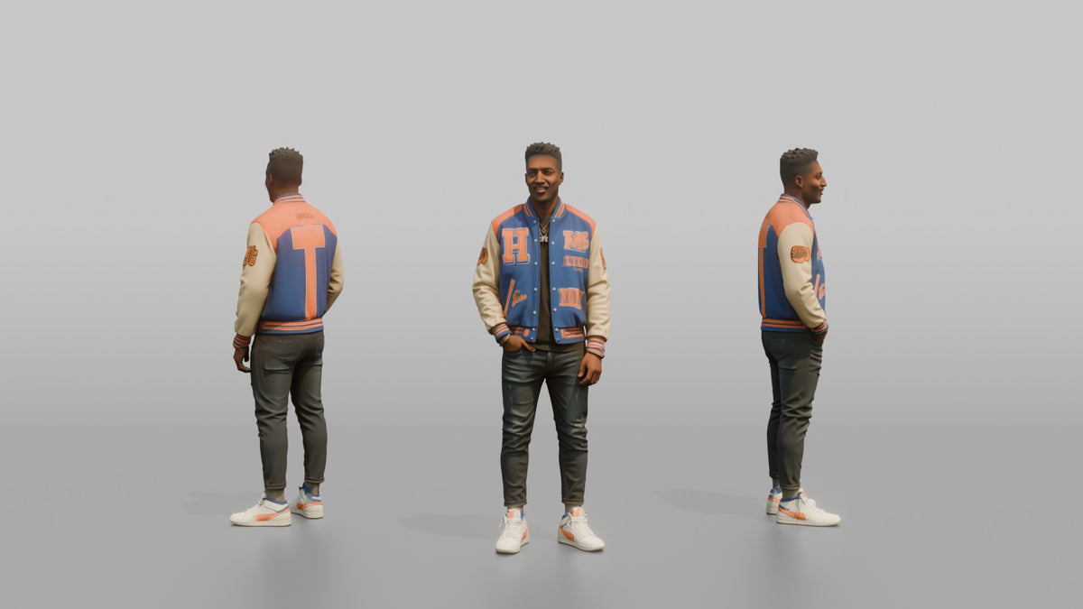 Patron Man Wearing A Vibrant Varsity Jacket, Confident Urban Stance - 3D character model, view 1