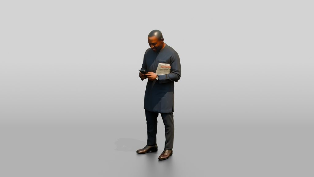 African Man in a Senator-Style Suit Checking His Phone