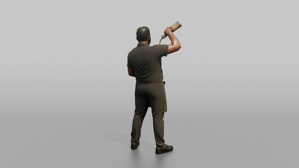 Bartender Man Holding A Bottle Up, Mid-pour - 3D character model, view 3