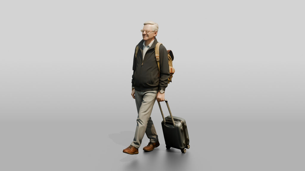 Elderly Man with Glasses Walking with Backpack and Carry-On