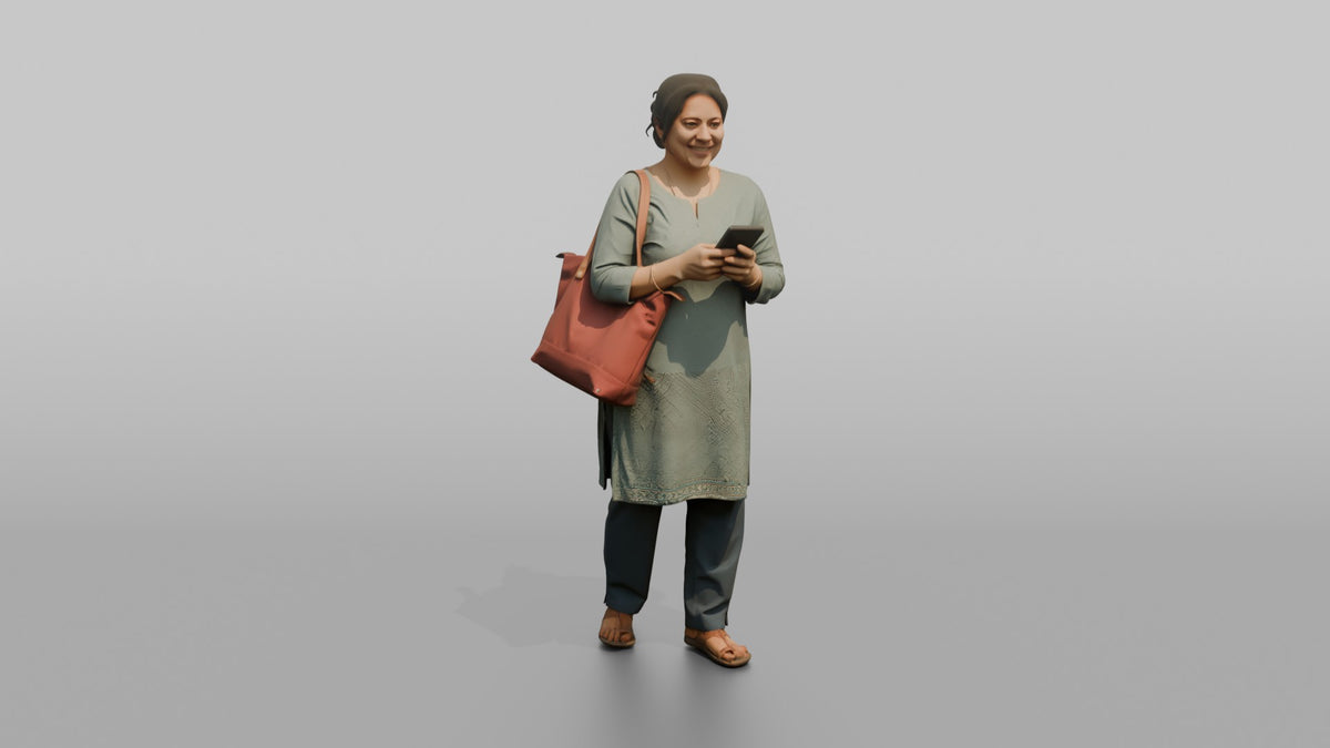 Mother Carrying A Large Tote Bag, Phone In Her Other Hand - 3D character model, view 5