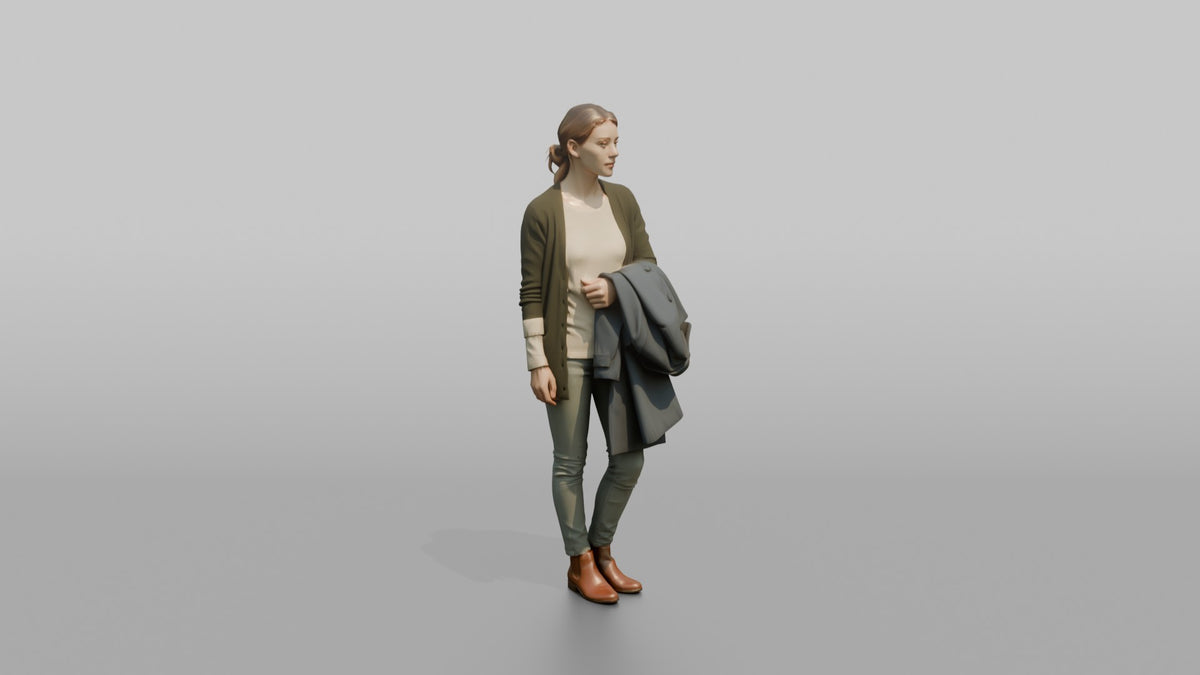 Woman Customer Holding A Coat Over One Arm While Browsing - 3D character model, view 5