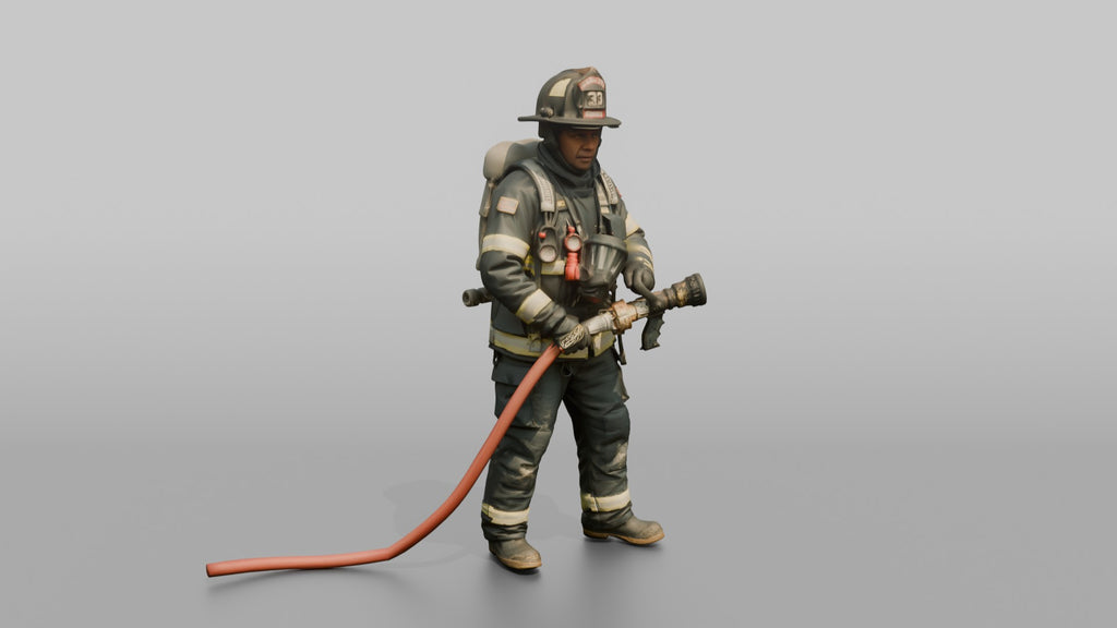 Firefighter Man Holding a High-pressure Water Fog Nozzle