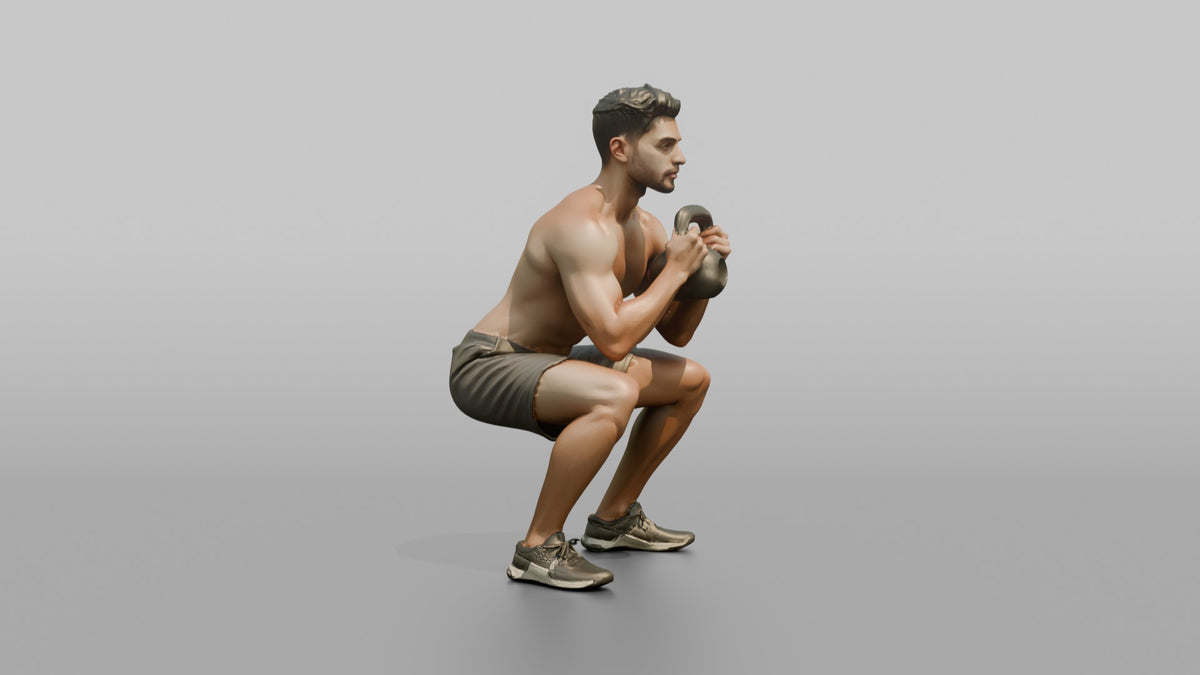 Weightlifter Man Holding A Kettlebell In A Goblet Squat Position - 3D character model, view 2