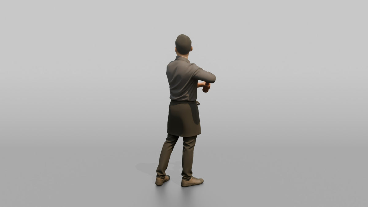 Server Woman Holding A Pepper Grinder, Mid-grind - 3D character model, view 3