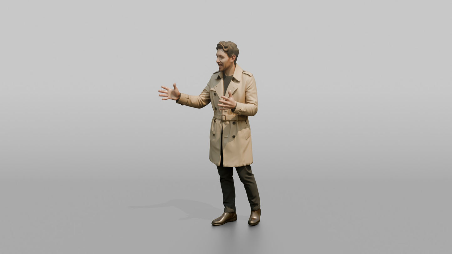European Man in a Trench Coat, Gesturing Mid-Conversation