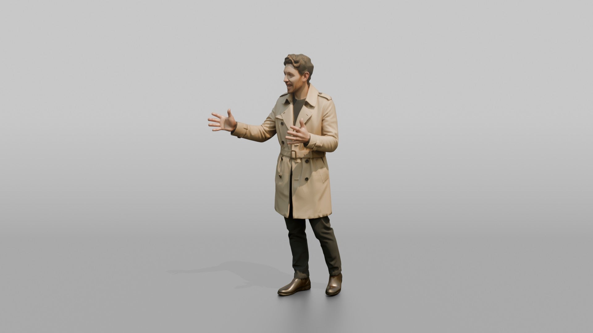 European Man in a Trench Coat, Gesturing Mid-Conversation