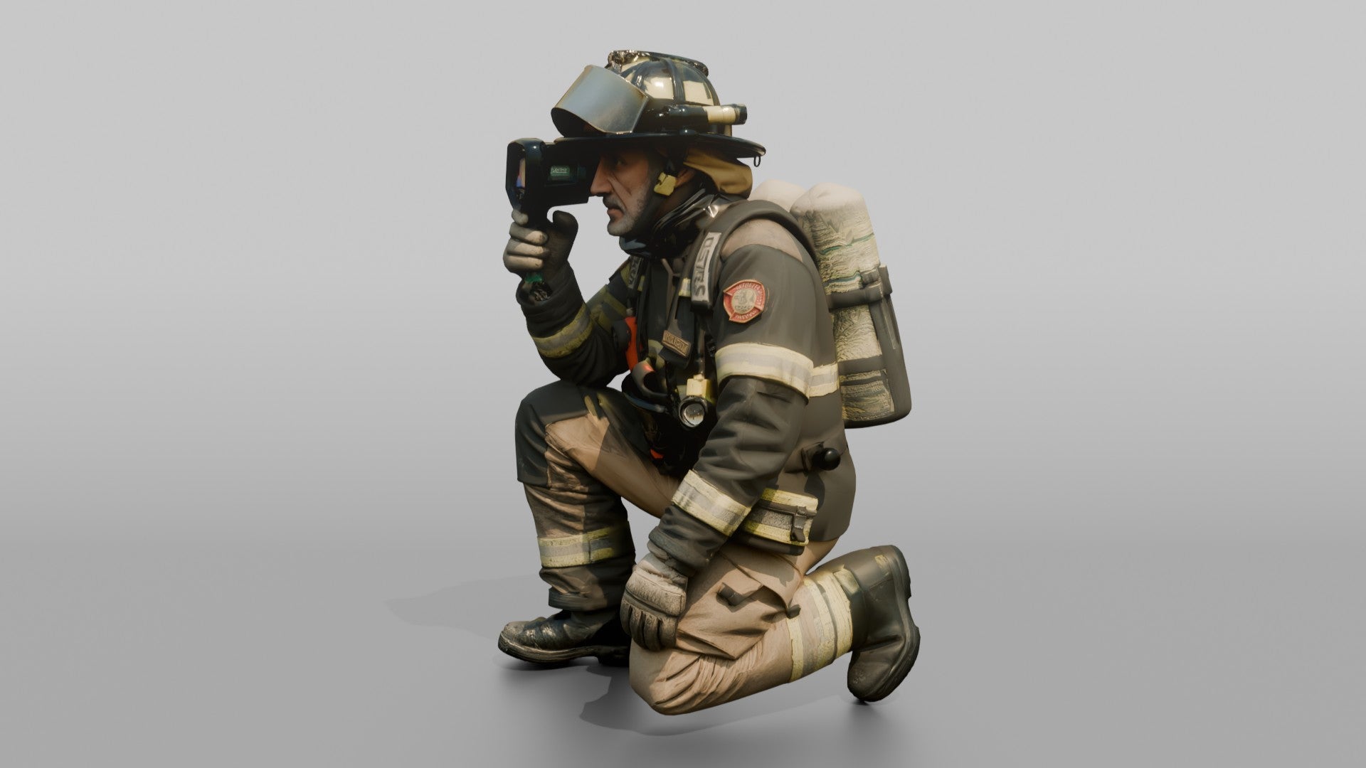 Firefighter Man Crouching Low with Thermal Vision Scope