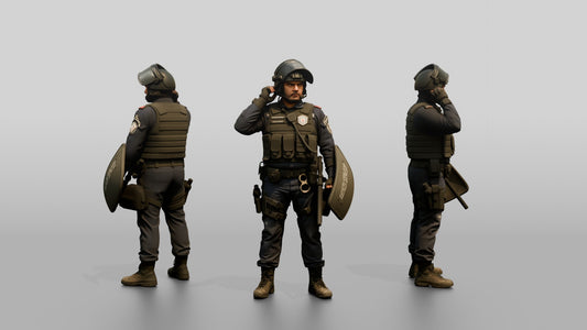 Riot Police Officer Adjusting Helmet