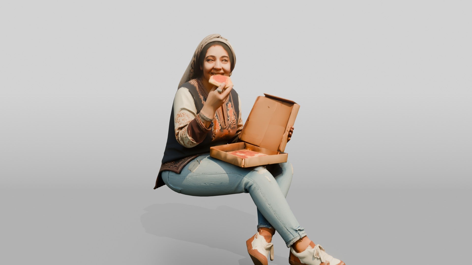 Woman in Headscarf Eating Pizza While Sitting