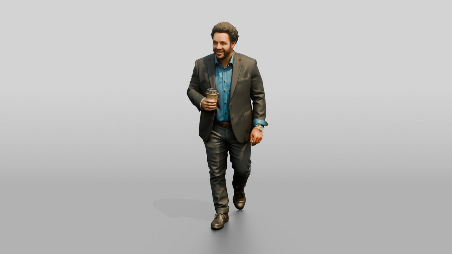 Man Walking with Coffee in the Hallway