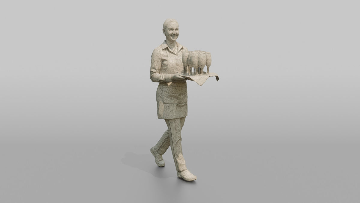 Cocktail Server Woman Balancing A Tray Of Champagne Glasses - wireframe topology preview