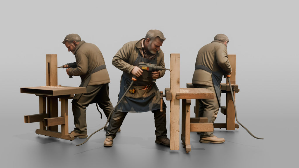 Farmer Drilling Hole Into Fence Timber Post