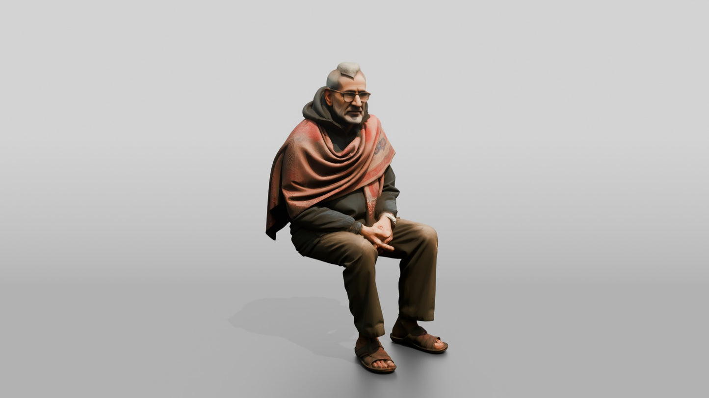 Elderly Indian Man in Shawl Watching the Rain