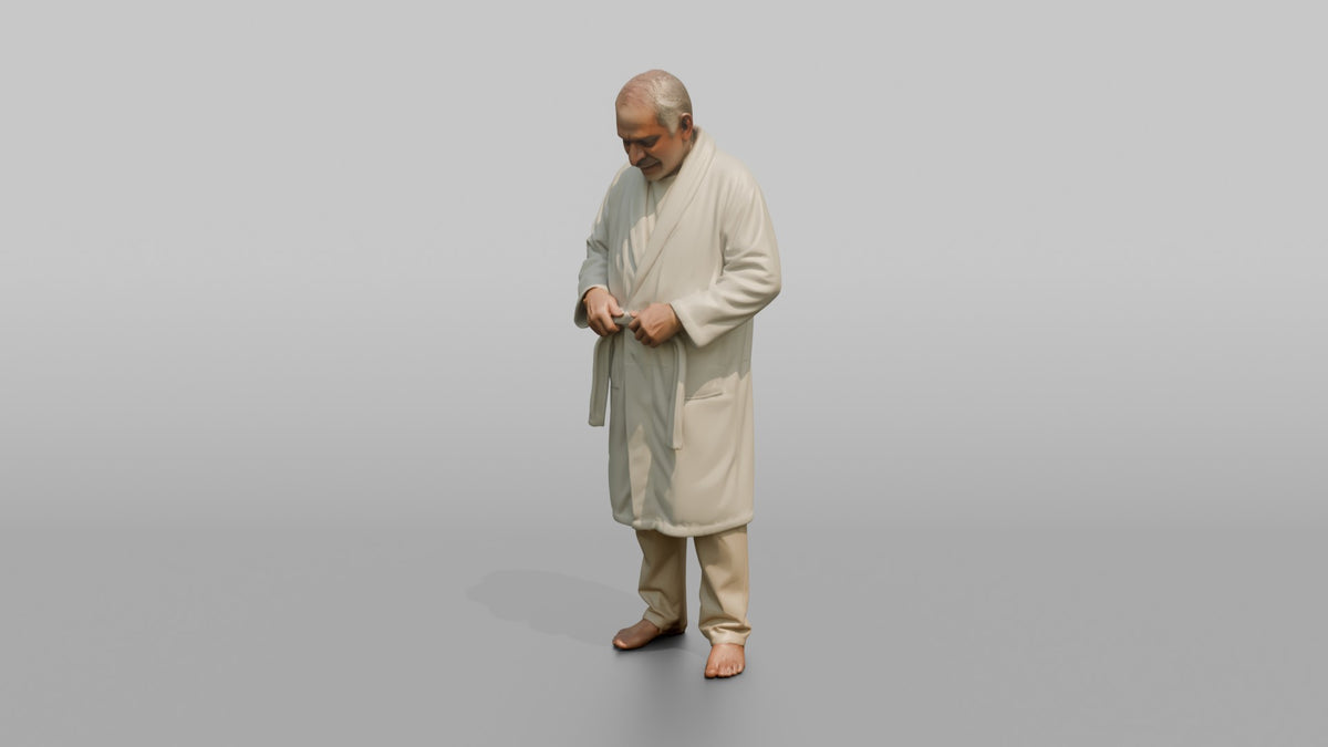 Spa Client Man Standing Adjusting A Robe Belt, Relaxed Posture - 3D character model, view 4
