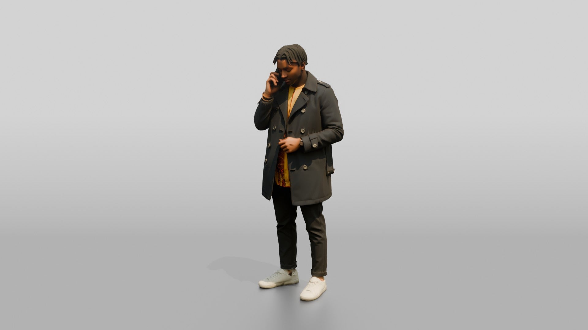 Stylish African Man in a Trench Coat on His Phone