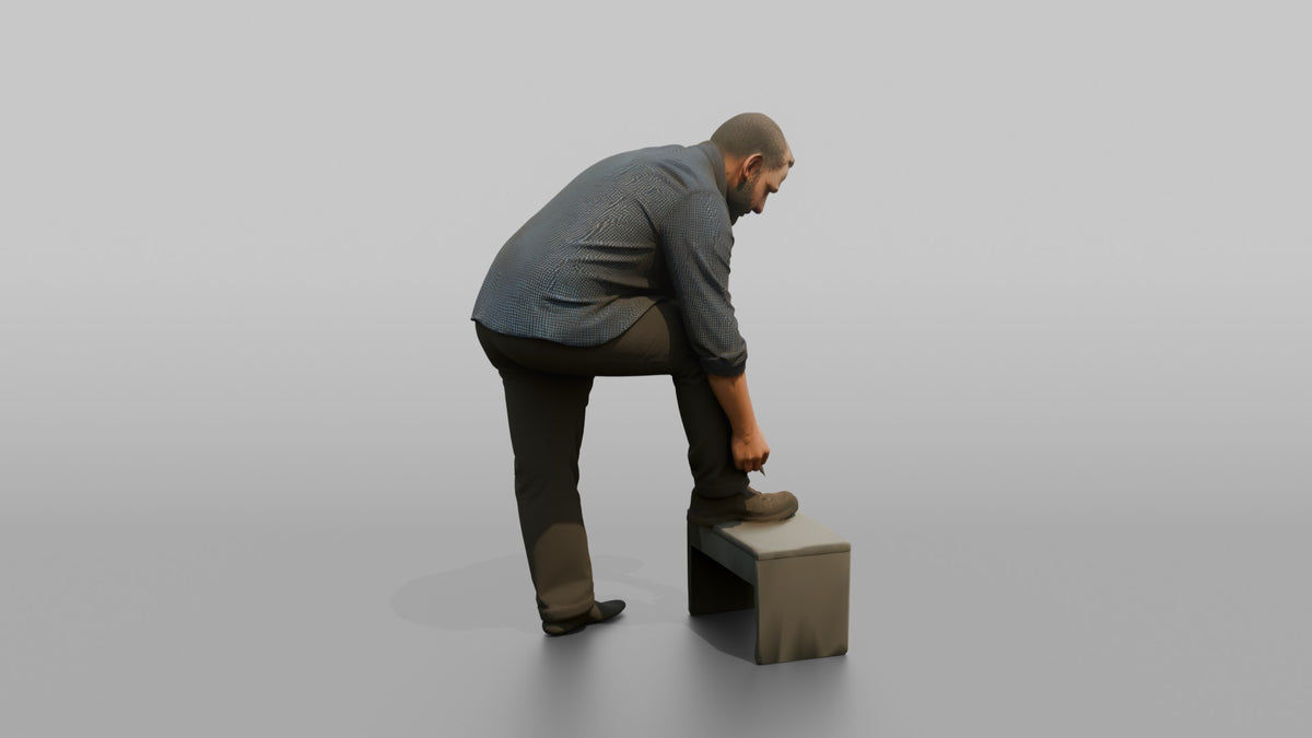 Father Tying His Own Shoelace, One Foot Resting On A Low Step - 3D character model, view 3