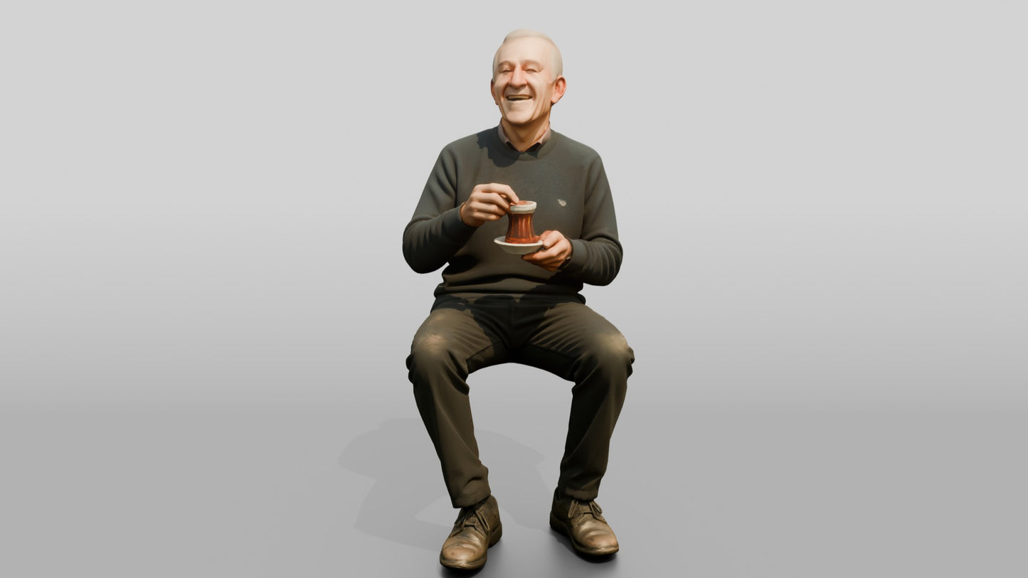 Elderly Man Laughing with Tea Glass