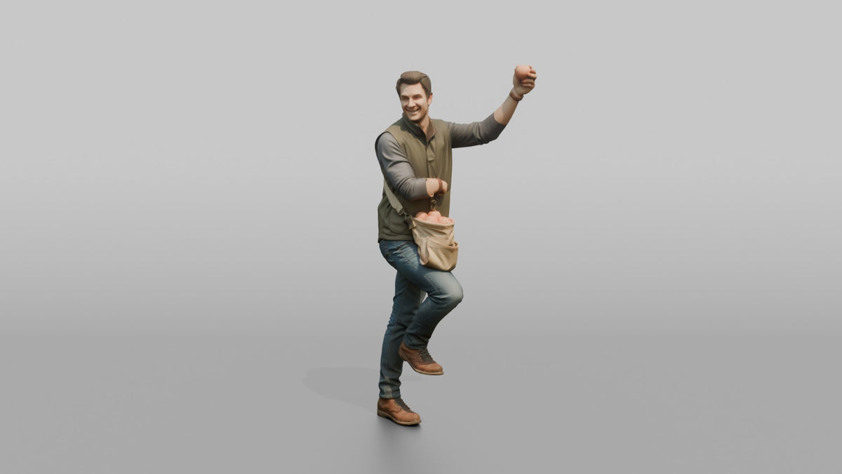 Farmer Picking Ripe Peaches From Tall Branch - 3D character model, view 4