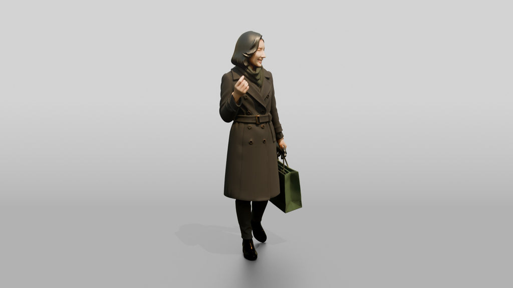 Woman in Double-Breasted Coat with Shopping Bag
