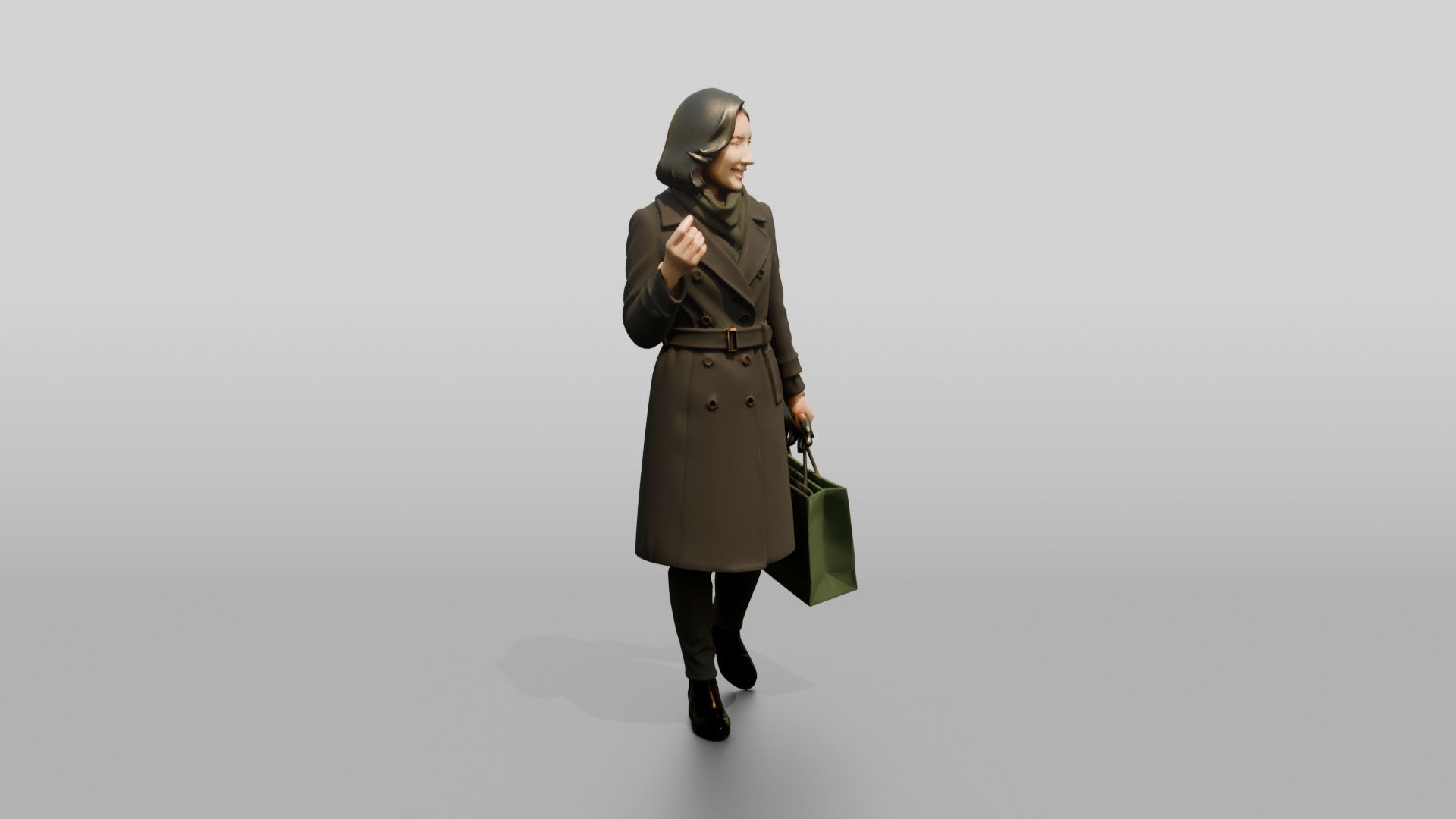 Woman in Double-Breasted Coat with Shopping Bag
