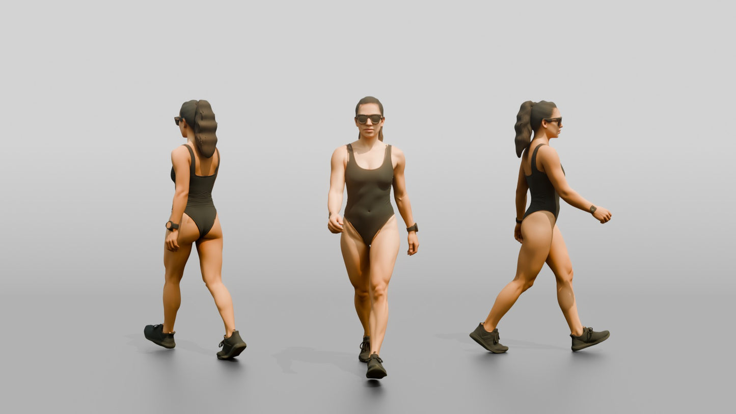 Latina Woman in Sleek Black Swimsuit Beach Walk