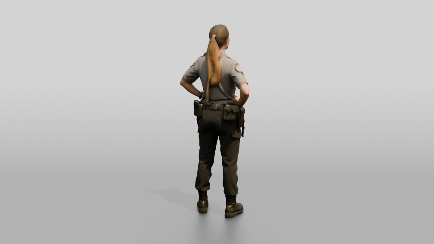 Caucasian Female Guard in a Grey Patrol Shirt and Dark Trousers