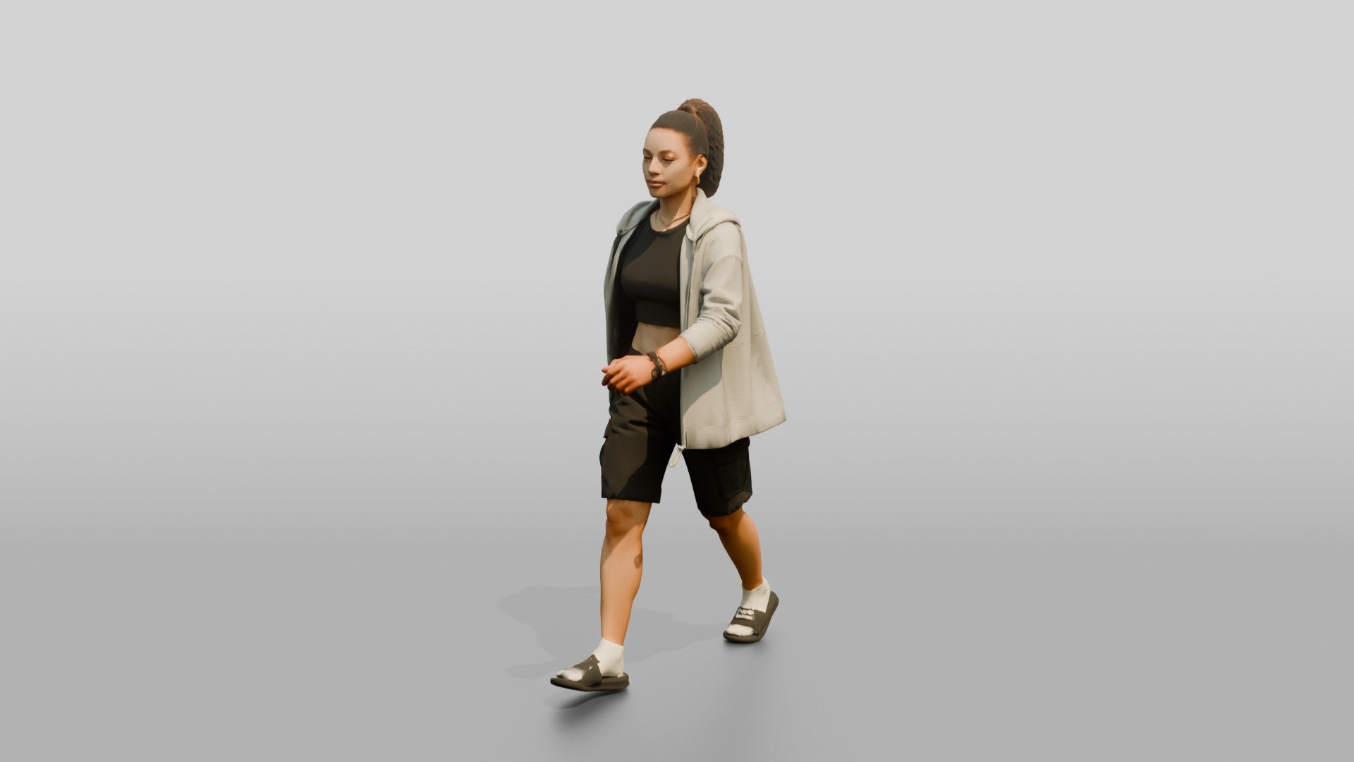 Multiracial Woman Walking the Boardwalk in Unzipped Hoodie