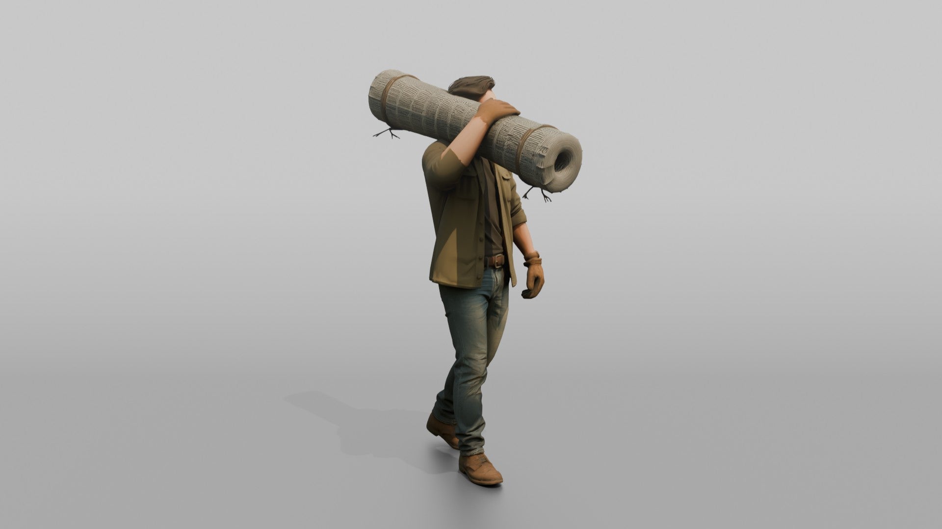 Farmer Carrying Heavy Roll Of Wire Mesh Fencing