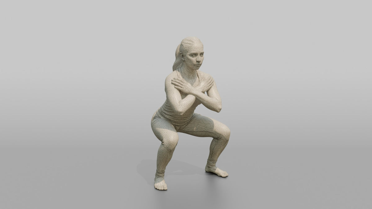 Bodyweight Athlete Woman Holding A Deep Squat Position, Arms Crossed - wireframe topology preview