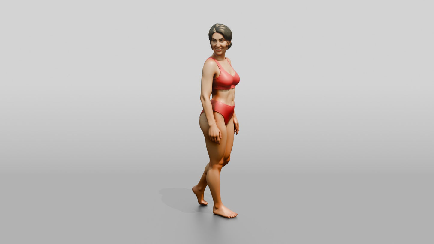 Woman in Red Two-Piece Swimsuit Walking