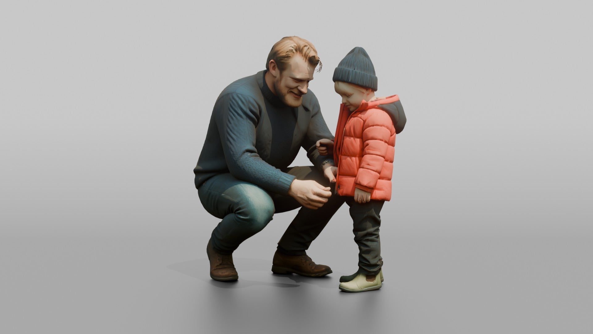 Dutch Man Crouching to Help a Child with a Coat