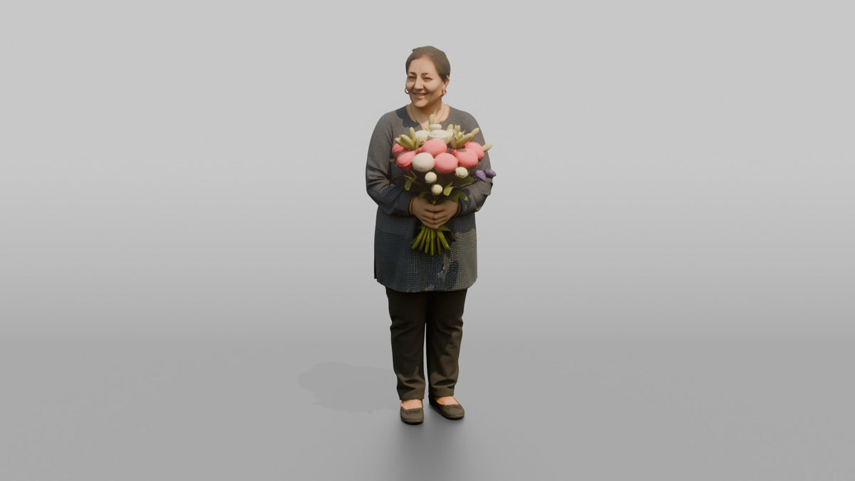 Mother Holding A Bouquet Of Flowers With Both Hands - 3D character model, view 5
