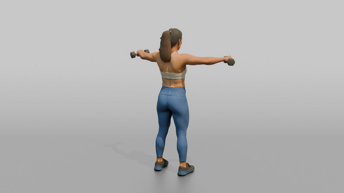 Weightlifter Woman Doing A Dumbbell Lateral Raise - 3D character model, view 3