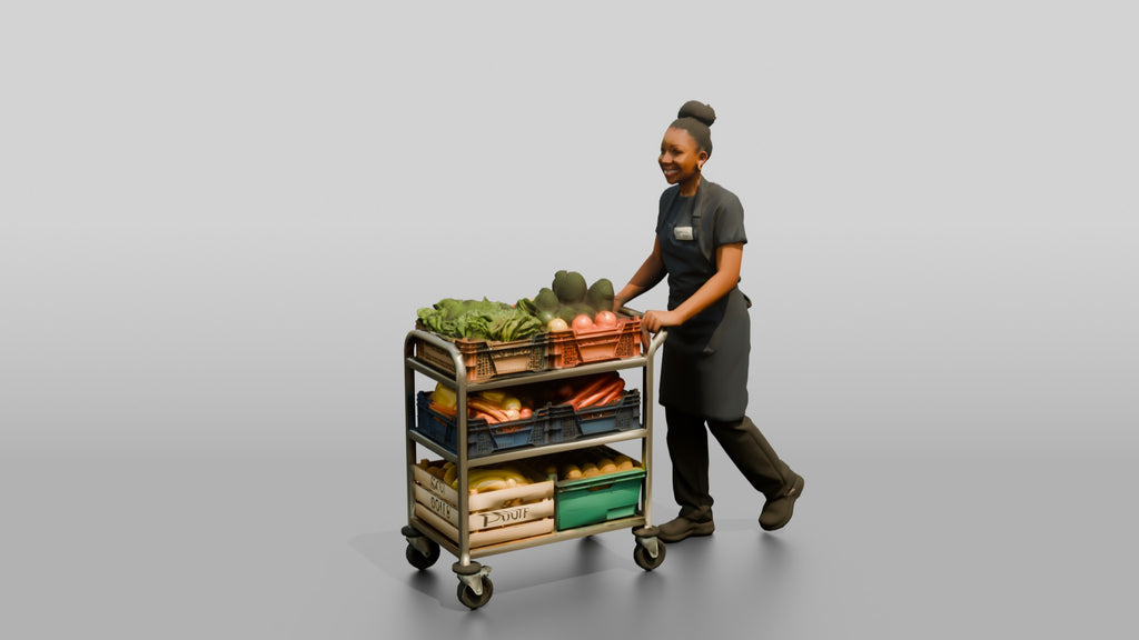 Kitchen Assistant Wheeling a Produce Cart