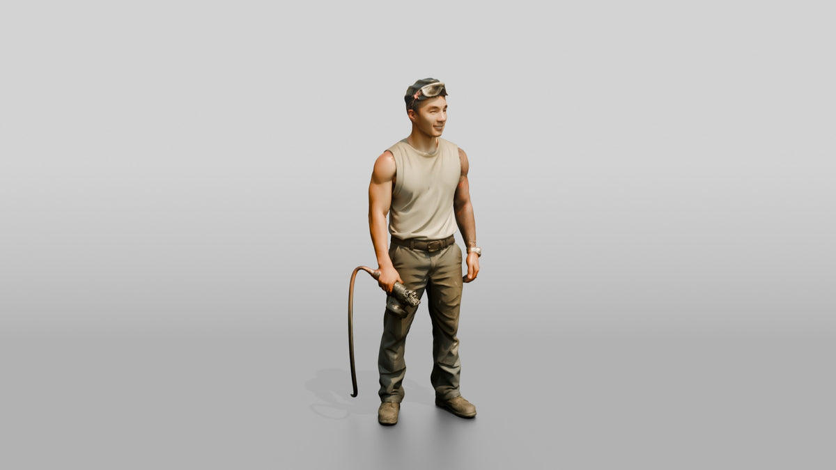 Mechanic Holding a Pneumatic Grinder - 3D character model, view 1