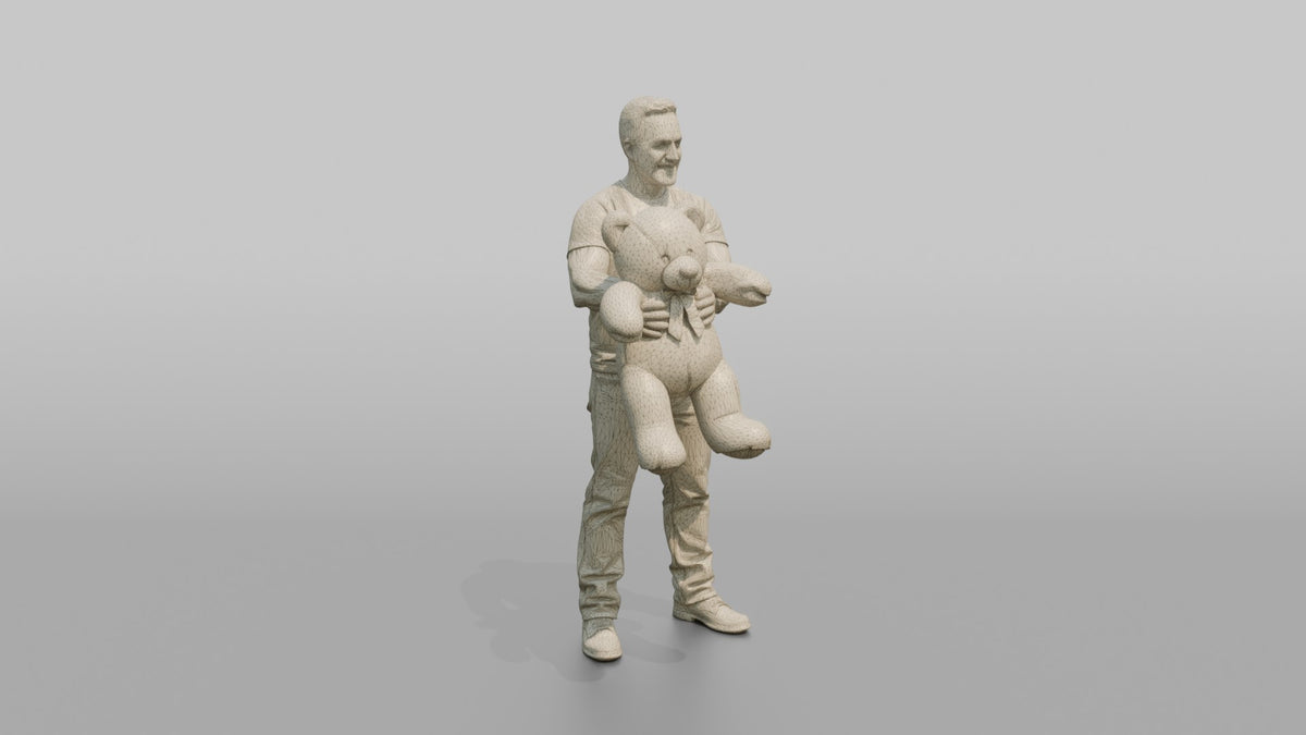 Father Holding A Large Teddy Bear Out In Front Of Him With Both Hands - wireframe topology preview