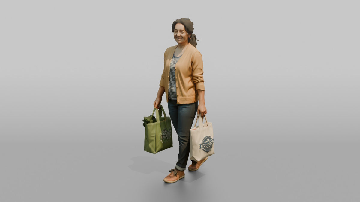 Mother Carrying Two Reusable Grocery Bags - 3D character model, view 4