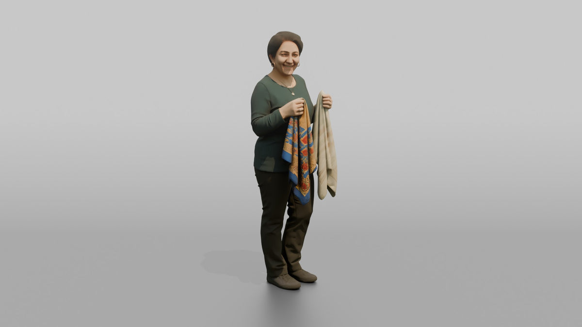 Woman Customer Holding Two Different Colored Scarves Side By Side - 3D character model