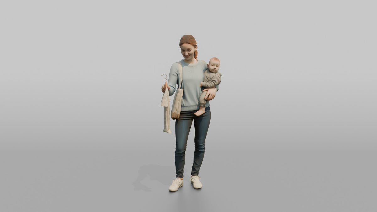 Woman Customer Carrying A Baby On Her Hip While Browsing Baby Clothes - 3D character model