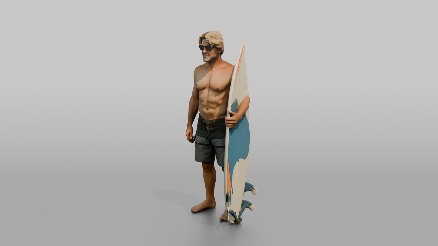 Rugged Surfer Posing with His Surfboard