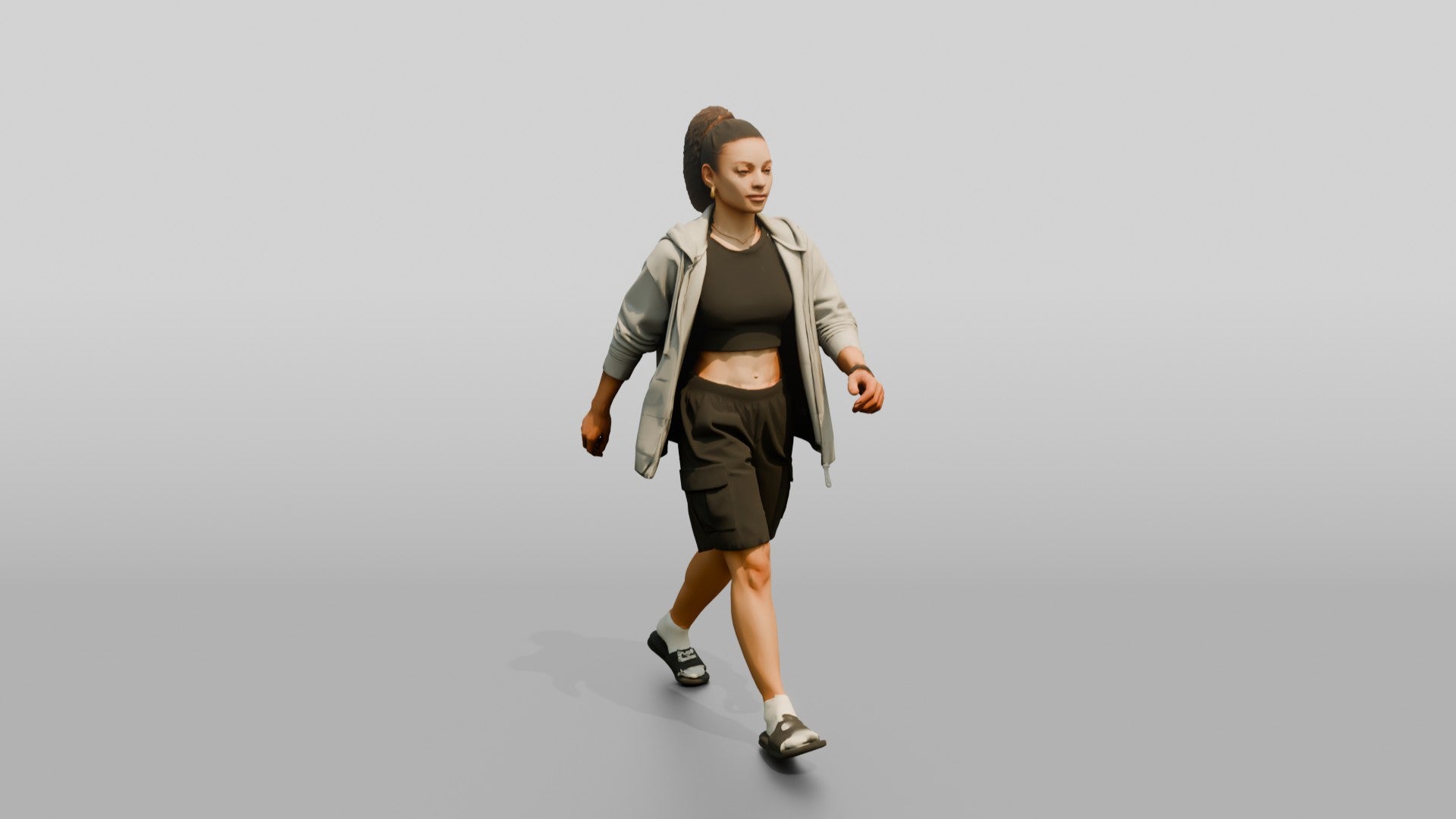 Multiracial Woman Walking the Boardwalk in Unzipped Hoodie