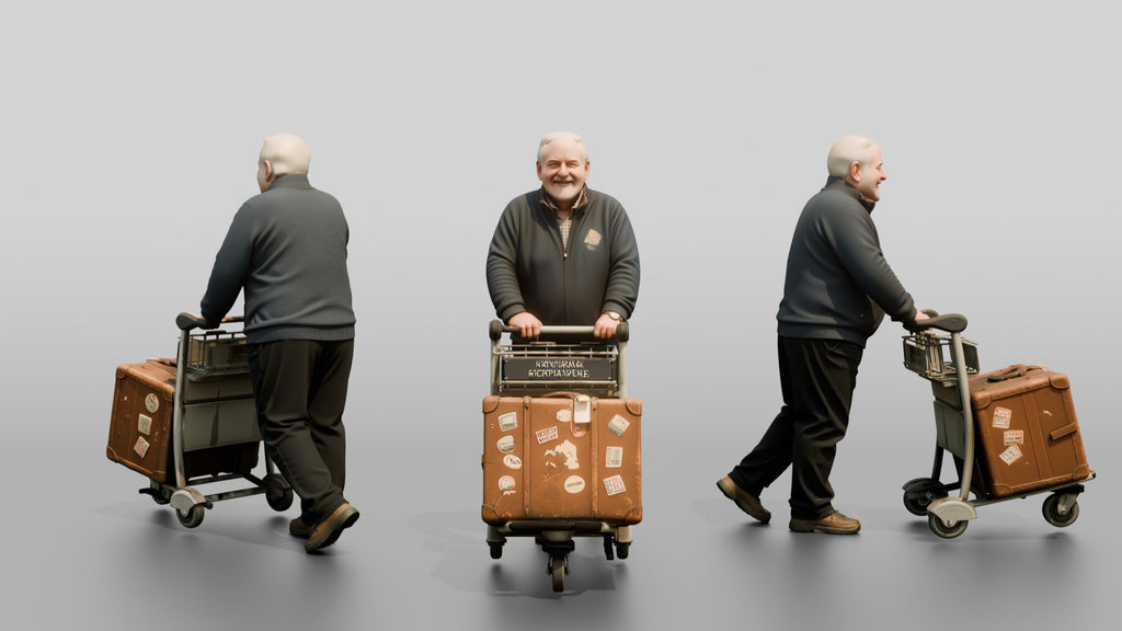 Elderly Bald Man Pushing Luggage Cart with Vintage Suitcase