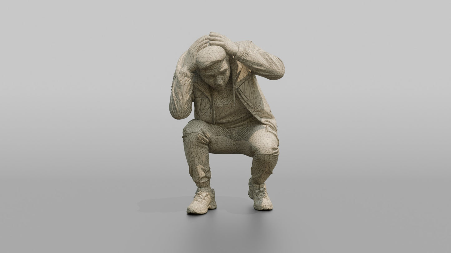 Protester Man Crouching with Hands on His Head