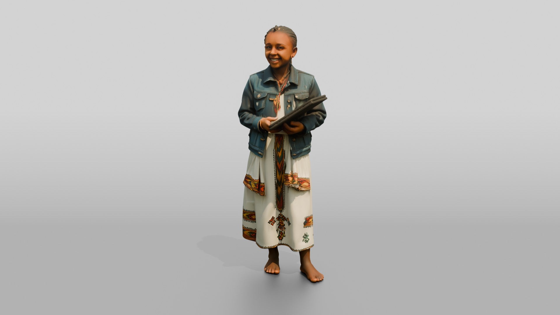 African Girl in a Denim Jacket Holding a Digital Tablet