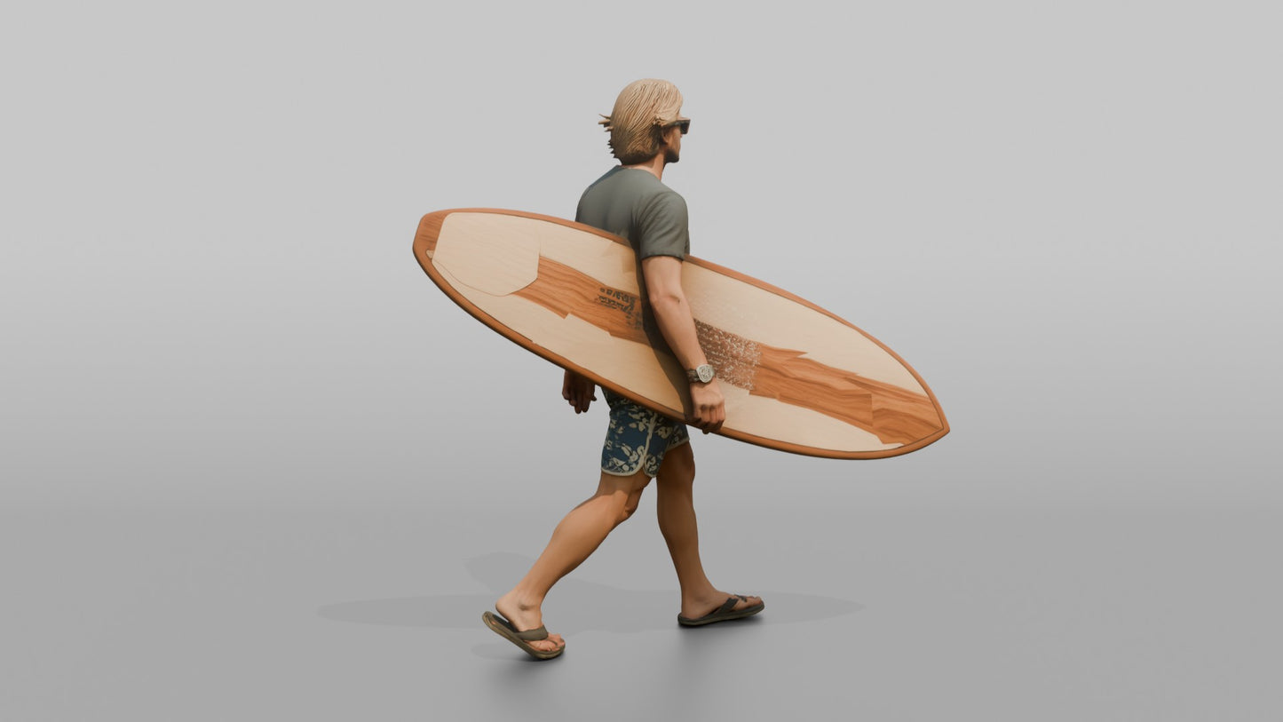 Distinguished Surfer Carrying a Wooden Surfboard