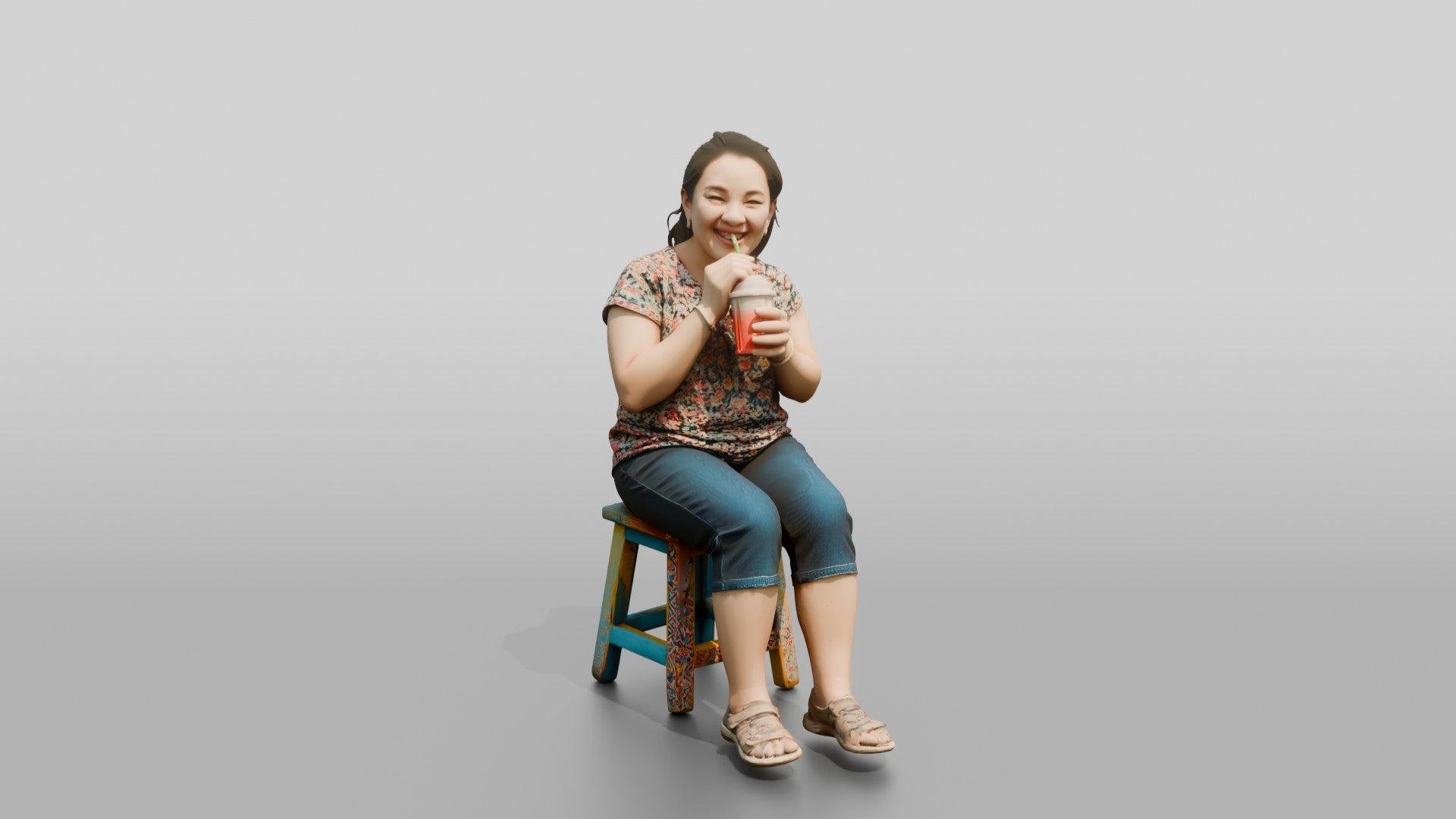 Chinese Woman Sitting on a Stool Drinking
