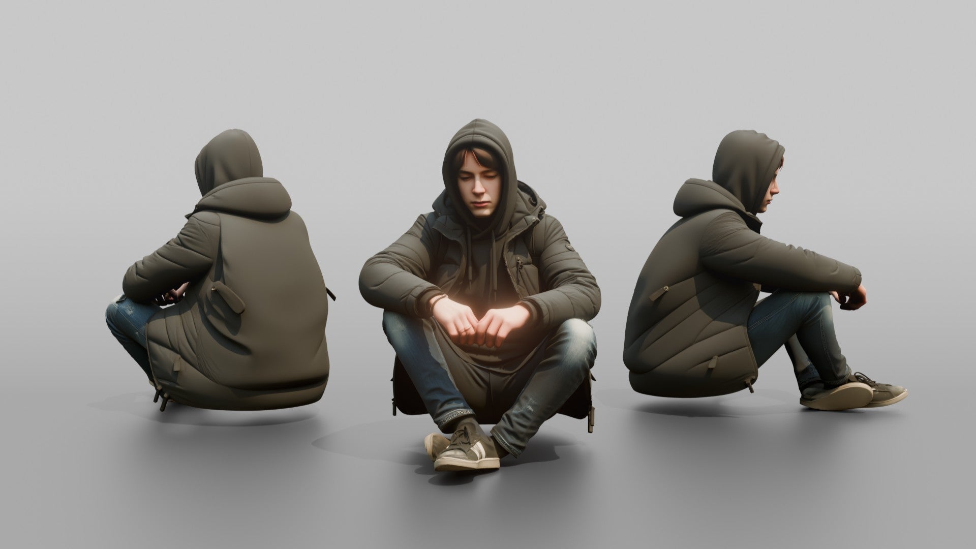 Teenager Sitting on a Curb in a Puffer Jacket