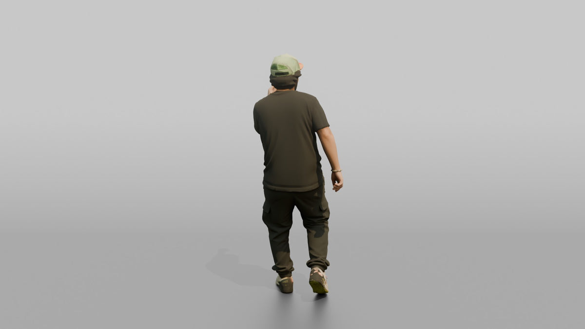 Patron Man Wearing A Bright Neon Cap Backwards, Energetic Pose - 3D character model, view 3