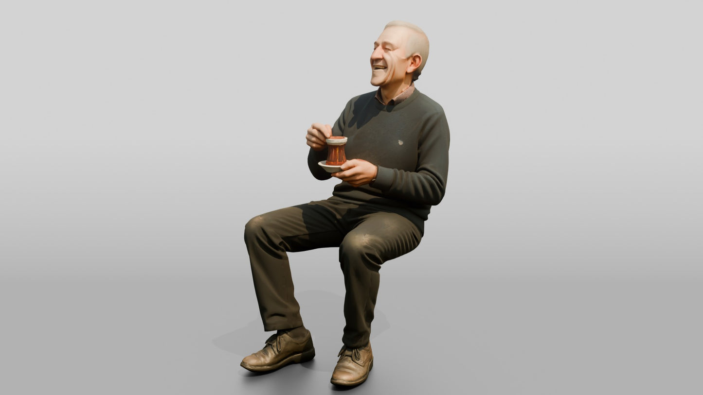 Elderly Man Laughing with Tea Glass